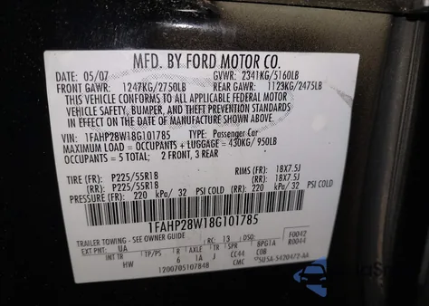 2008 Ford Taurus Limited from USA, damaged, VIN 1FAHP28W18G101785
